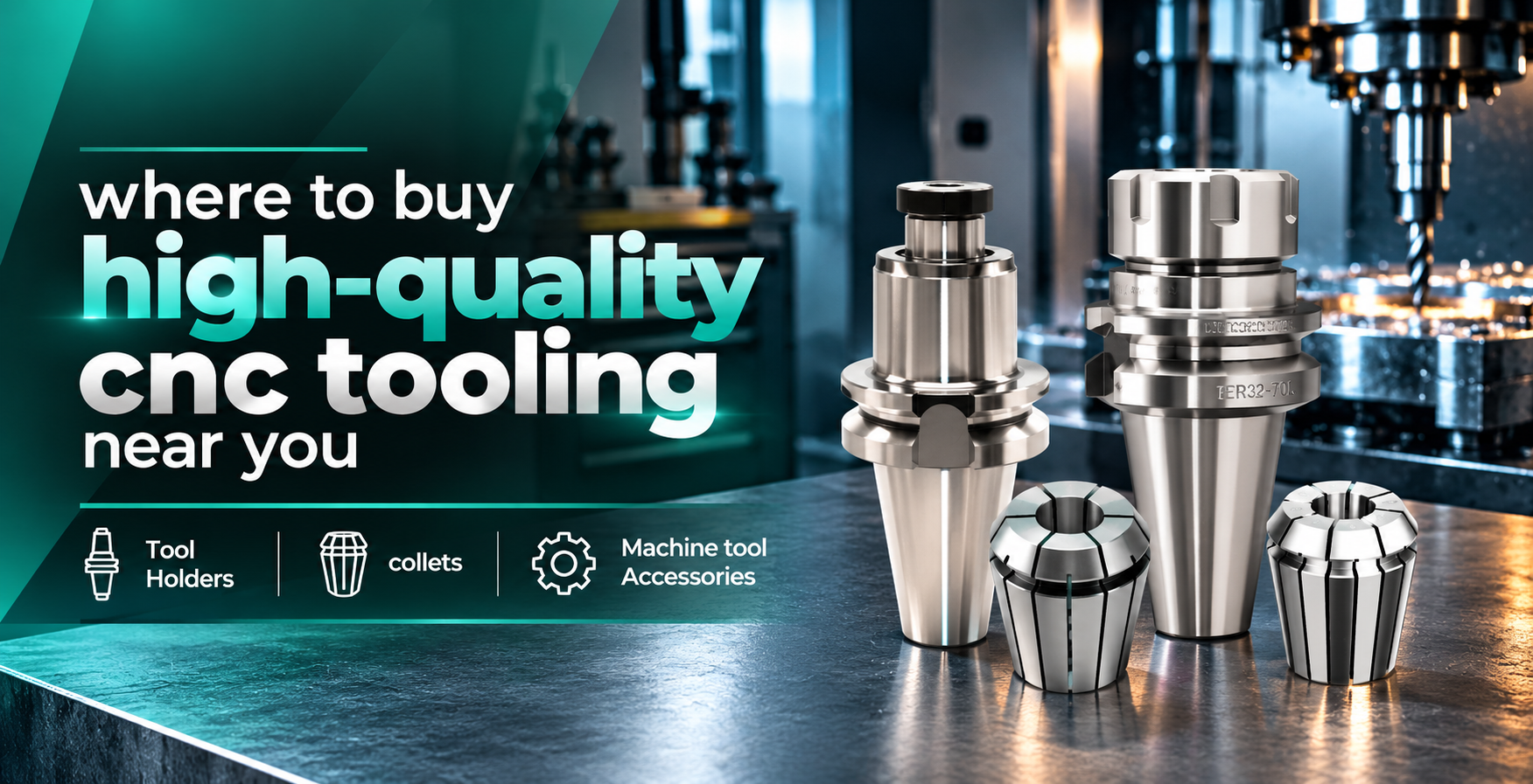 CNC tool holders, collets and machining accessories arranged for product comparison.